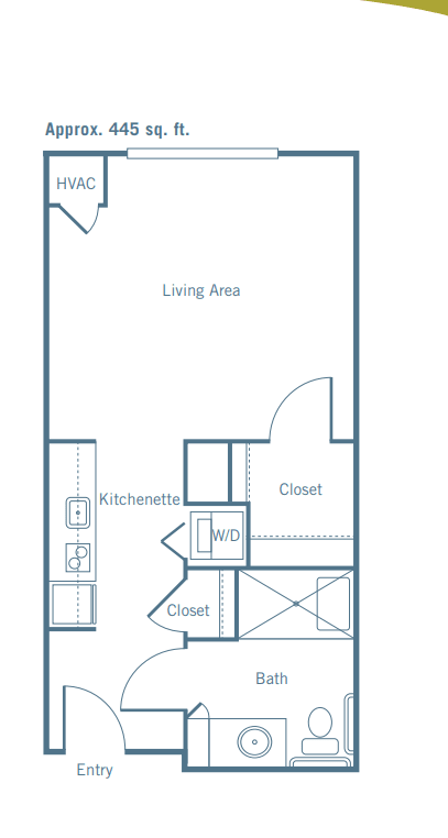 A floor plan of a studio apartment featuring a living area, kitchenette, and closets.