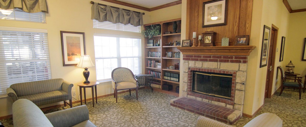 A cozy living room with a fireplace and bookshelves.