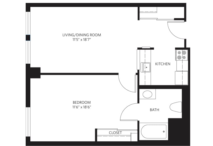 A floor plan of a one-bedroom apartment, showing the layout of the living room, kitchen, bedroom, and bathroom.