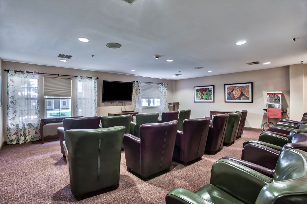 A cozy theater room with several armchairs arranged facing a large television, featuring carpeted flooring and artwork displayed on the walls.