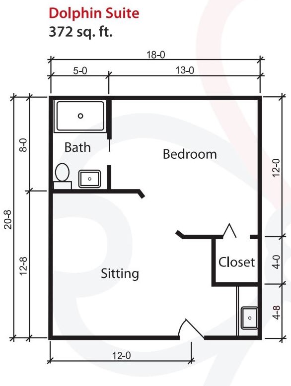 A simple floor plan featuring a bedroom, bathroom, sitting area, and closet.
