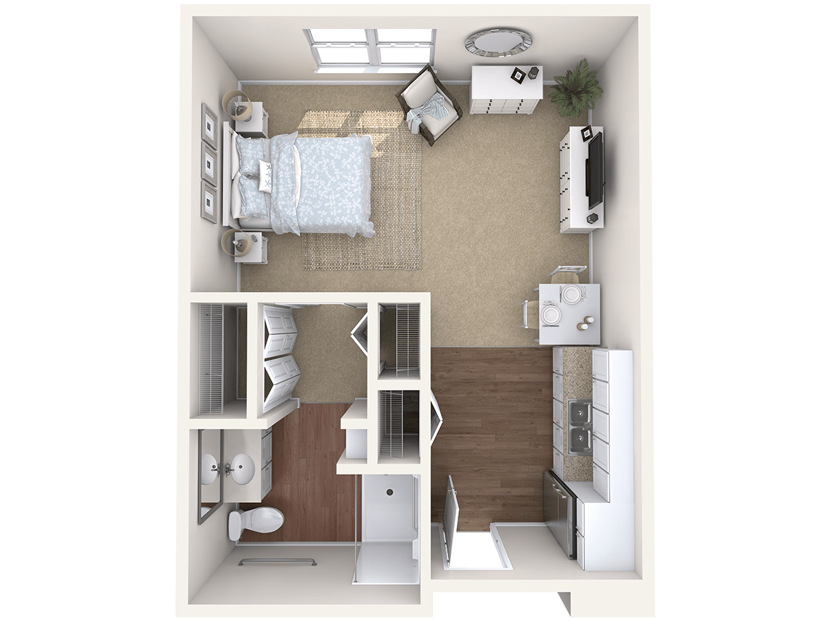 A compact apartment floor plan featuring a single bedroom, kitchen, and living area.