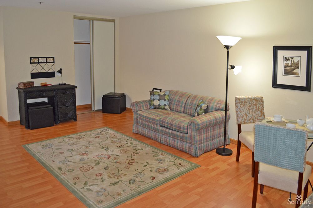 A minimalist living room with a striped sofa, floor lamp, and patterned rug on a wooden floor.