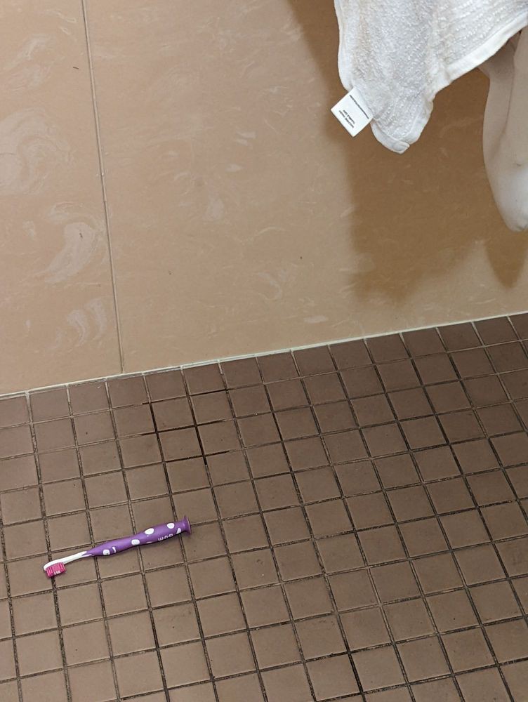 A purple toothbrush lying on a tiled bathroom floor.