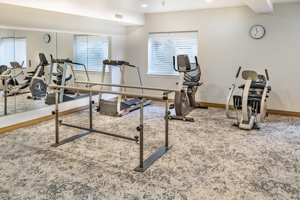 A well-equipped fitness room featuring treadmills, an elliptical machine, and rehabilitation bars.