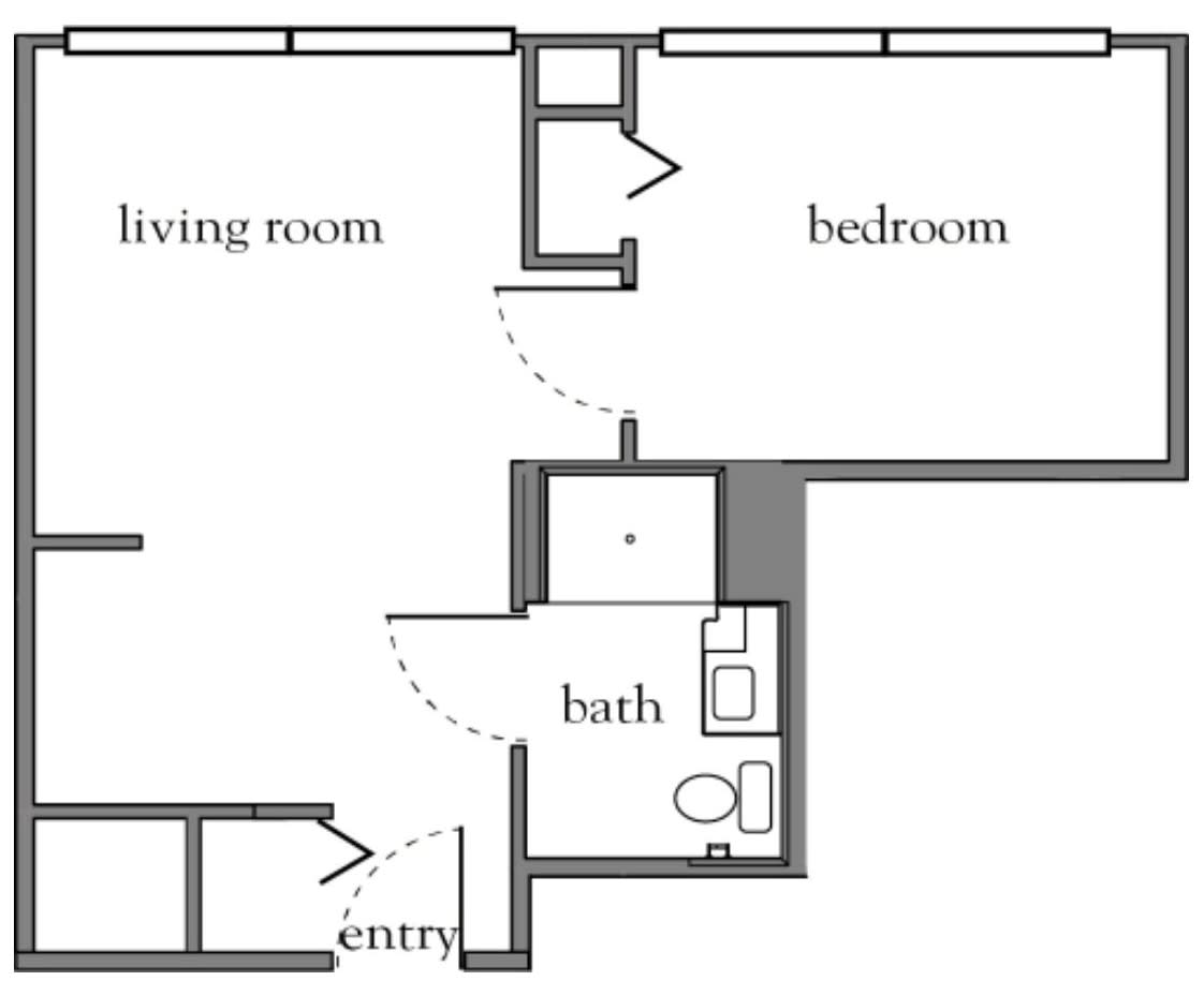 A simple floor plan showing the layout of a small apartment with a living room, bedroom, bathroom, and entry area.