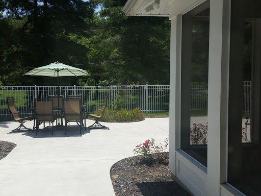 A sunny patio area featuring a set of chairs and an umbrella, surrounded by greenery and flowers.