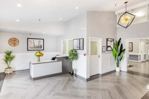 A modern reception area featuring a sleek design, bright lighting, and decorative plants.