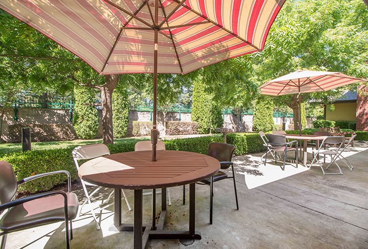 A sunny outdoor patio area with tables, chairs, and umbrellas.