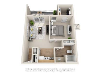 This is a 3D floor plan of a one-bedroom apartment featuring a living room, kitchen, bathroom, bedroom, and balcony.