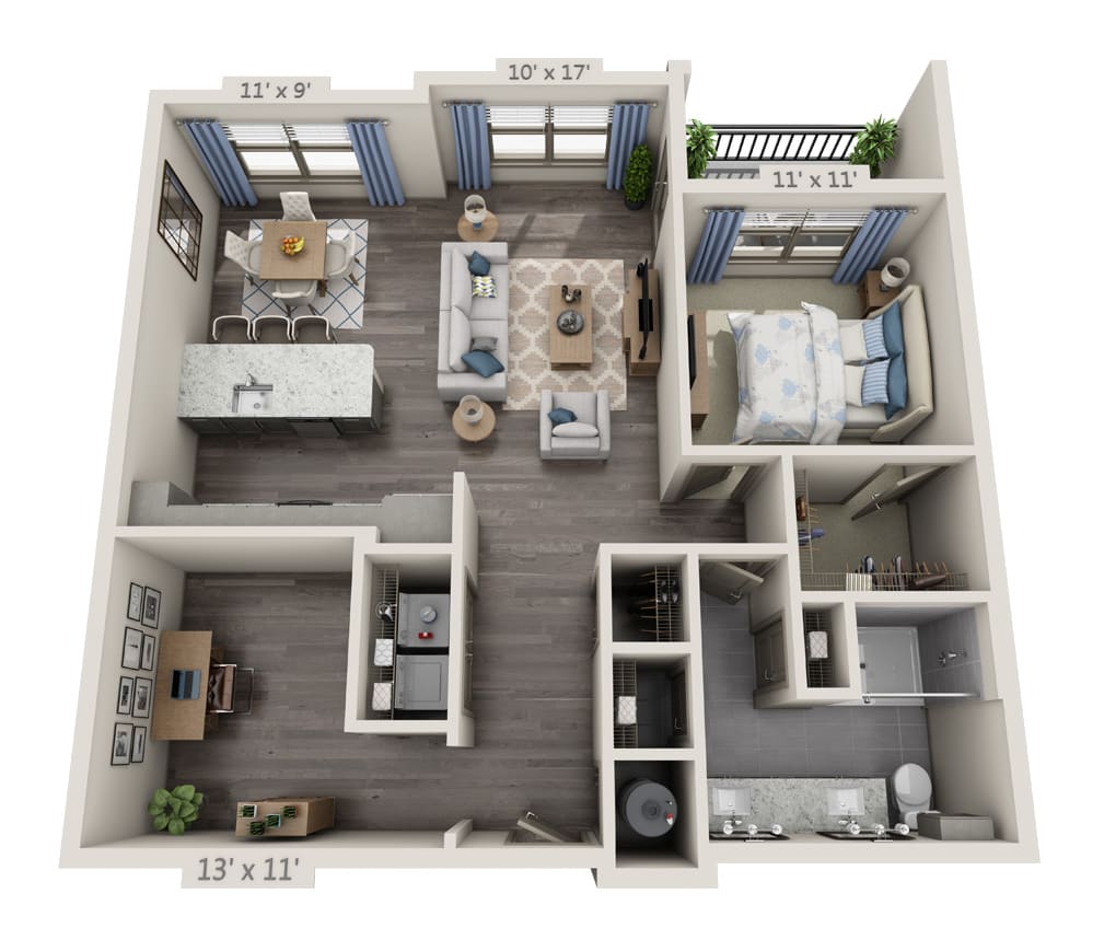 A 3D floor plan of a one-bedroom apartment featuring an open kitchen, living room, bathroom, small office space, and dining area.