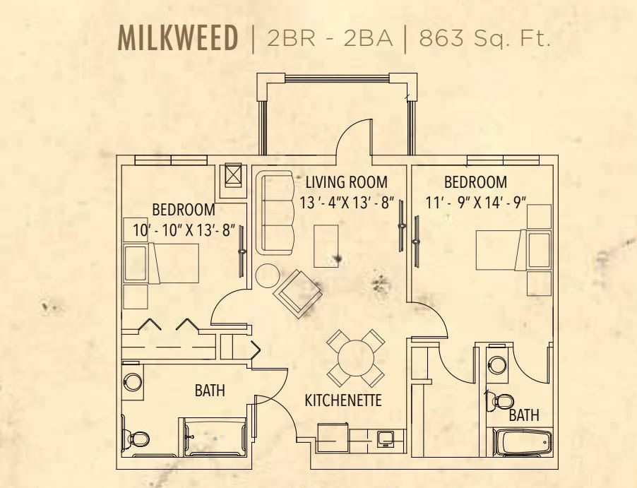 Floor plan of a two-bedroom apartment named Milkweed, measuring 863 sq ft.