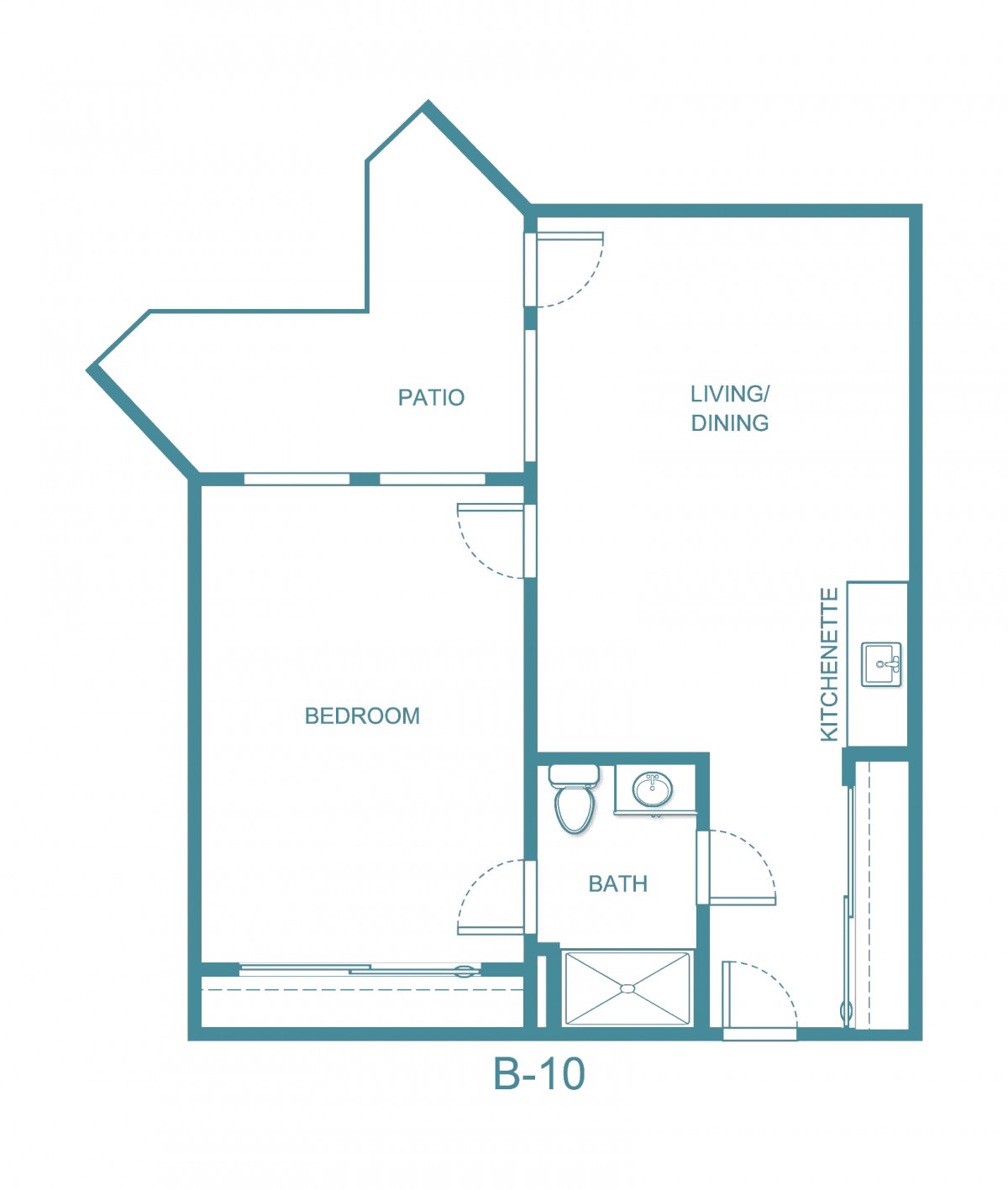 A floor plan of a one-bedroom apartment featuring a living room, kitchen, and bathroom.