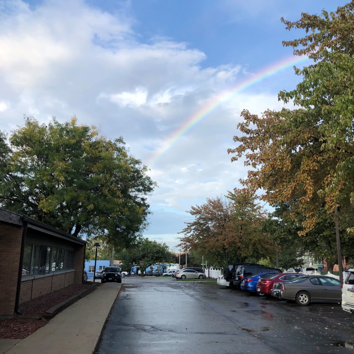 A street view with a rainbow arching over the trees on a cloudy day.