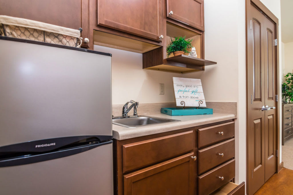 A compact kitchen area with wooden cabinets, a sink, and a mini fridge.