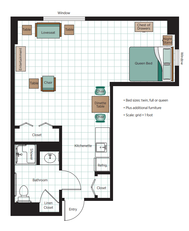 Studio apartment floor plan with labeled areas and furniture layout.