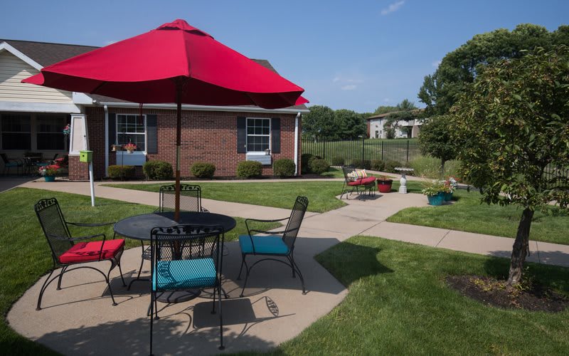 A sunny patio area with outdoor furniture, colorful umbrella, and well-maintained garden.