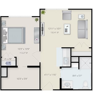 1-bedroom apartment floor plan with kitchen, living room, and bathroom.