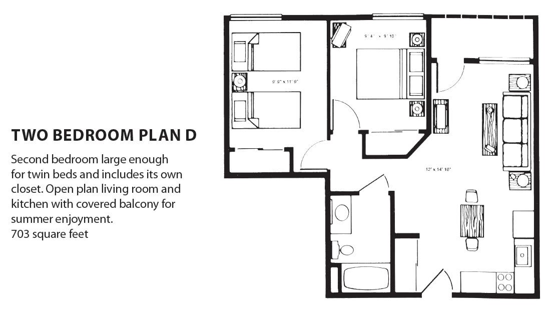 Apartment floor plan featuring two bedrooms, a bathroom, a living room, and a balcony.
