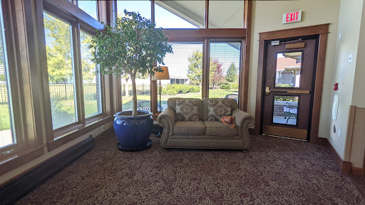 A cozy lobby featuring a comfortable sofa and a large potted plant, illuminated by natural light from the windows.