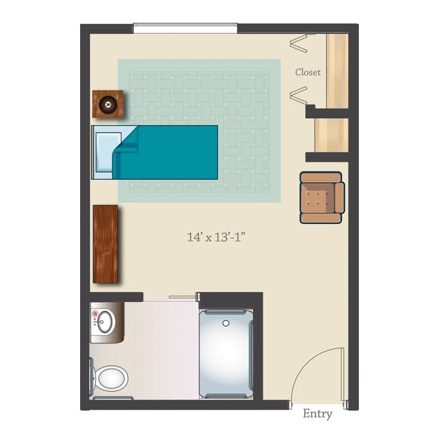 A simple floor plan of a studio apartment showing the arrangement of furniture and fixtures including a bed, chair, desk, bathroom, and entryway.