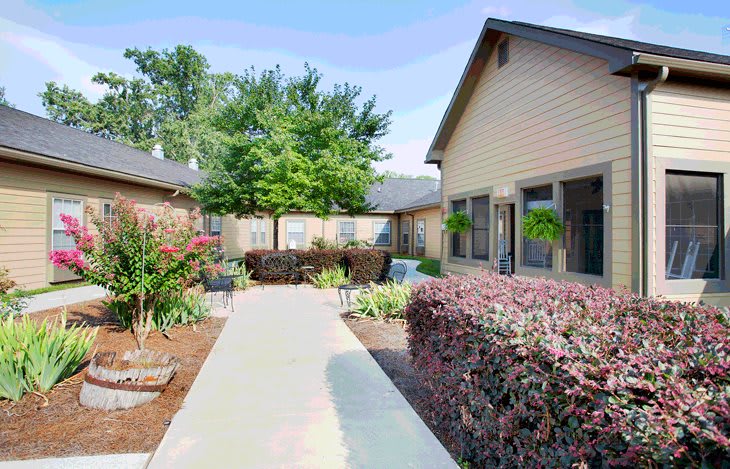 A peaceful courtyard with a landscaped garden and pathway between buildings.