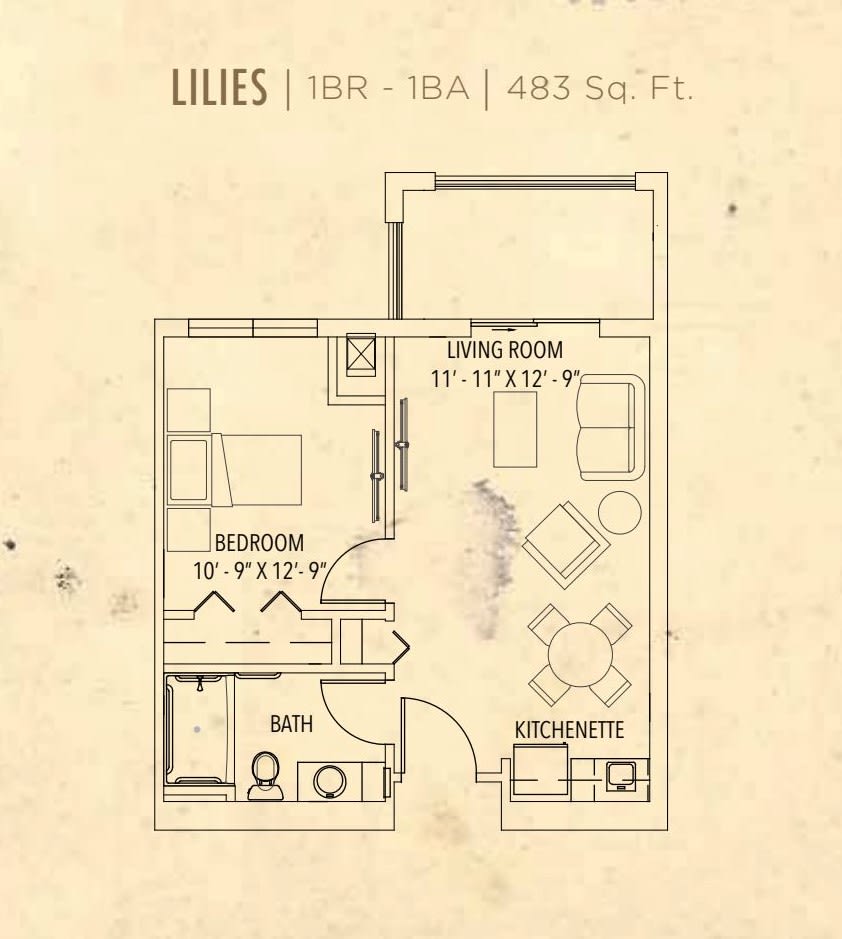 Floor plan of a 1-bedroom apartment with an area of 448 square feet.