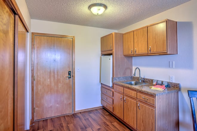 A minimalist kitchen with wooden cabinets, a sink, and a fridge.
