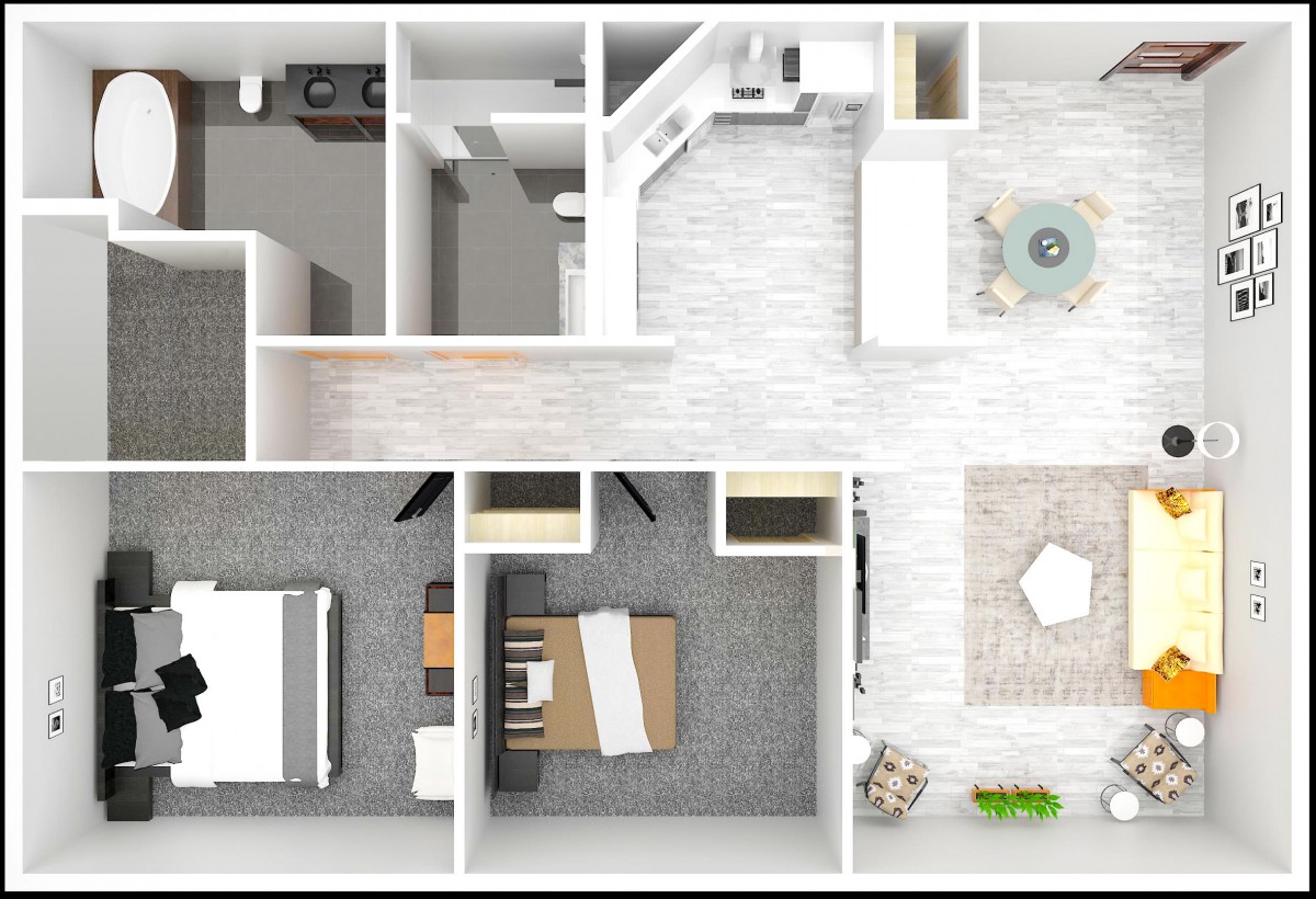 A 3D rendered floor plan of a two-bedroom apartment, including a kitchen, living room, and bathroom.