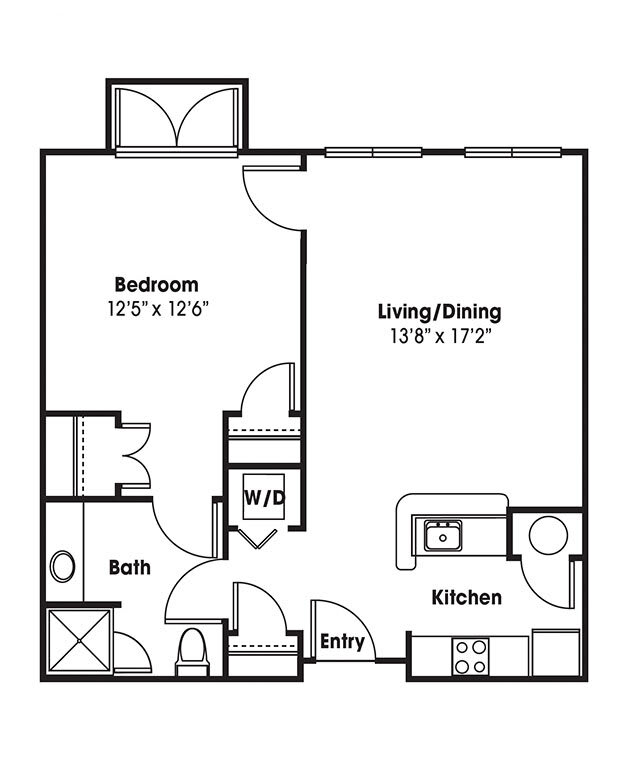 A floor plan of a one-bedroom apartment with designated areas for living/dining, kitchen, bathroom, and a bedroom.