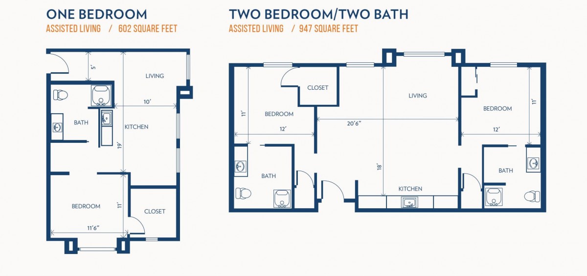 Floor plan of a two-bedroom, two-bathroom apartment with designated living and kitchen areas.