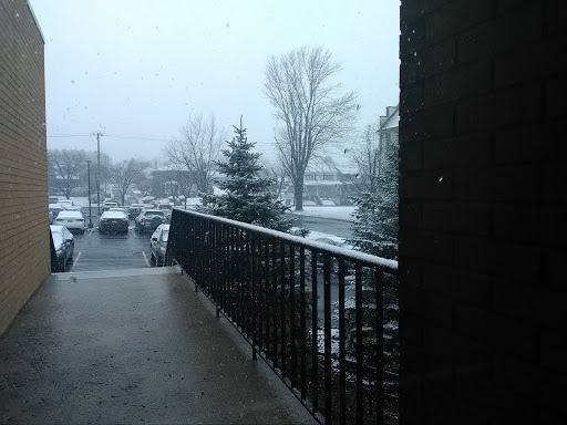 A snowy winter scene viewed from a balcony, with flurries falling and trees in the background.