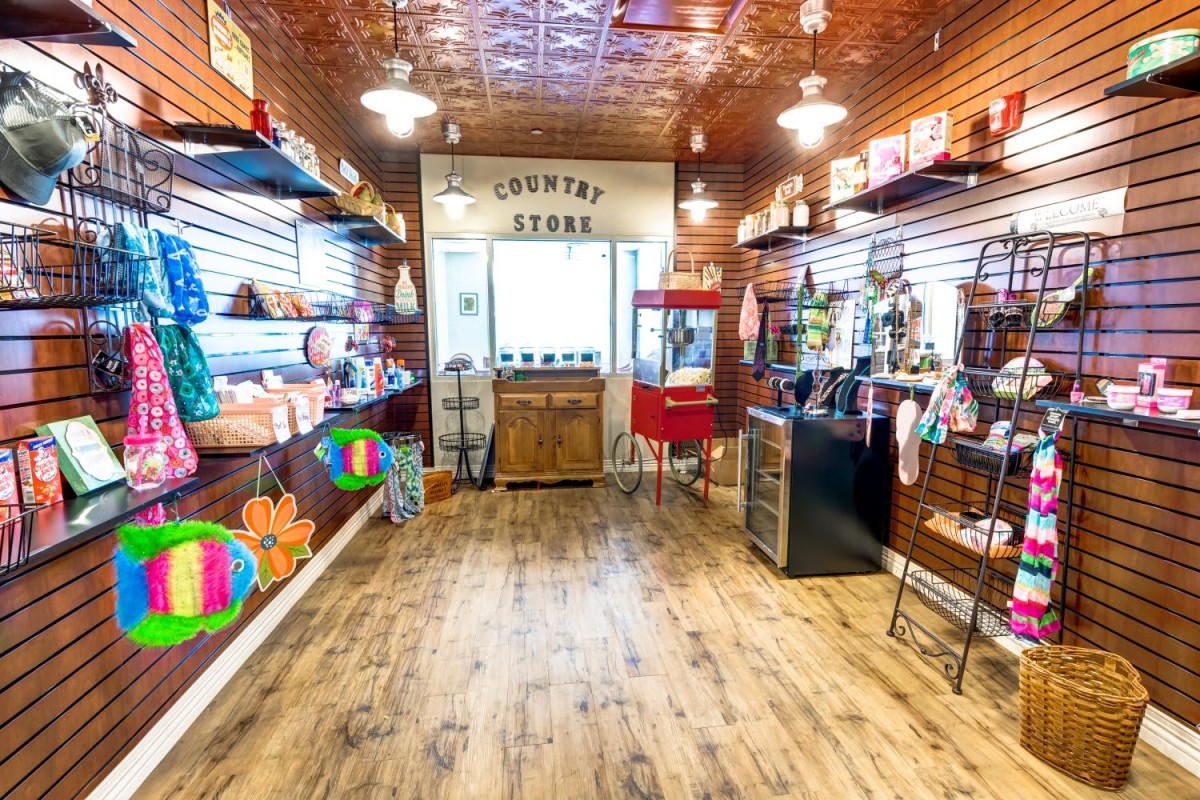 A cozy souvenir shop with a wooden interior and various items on display.