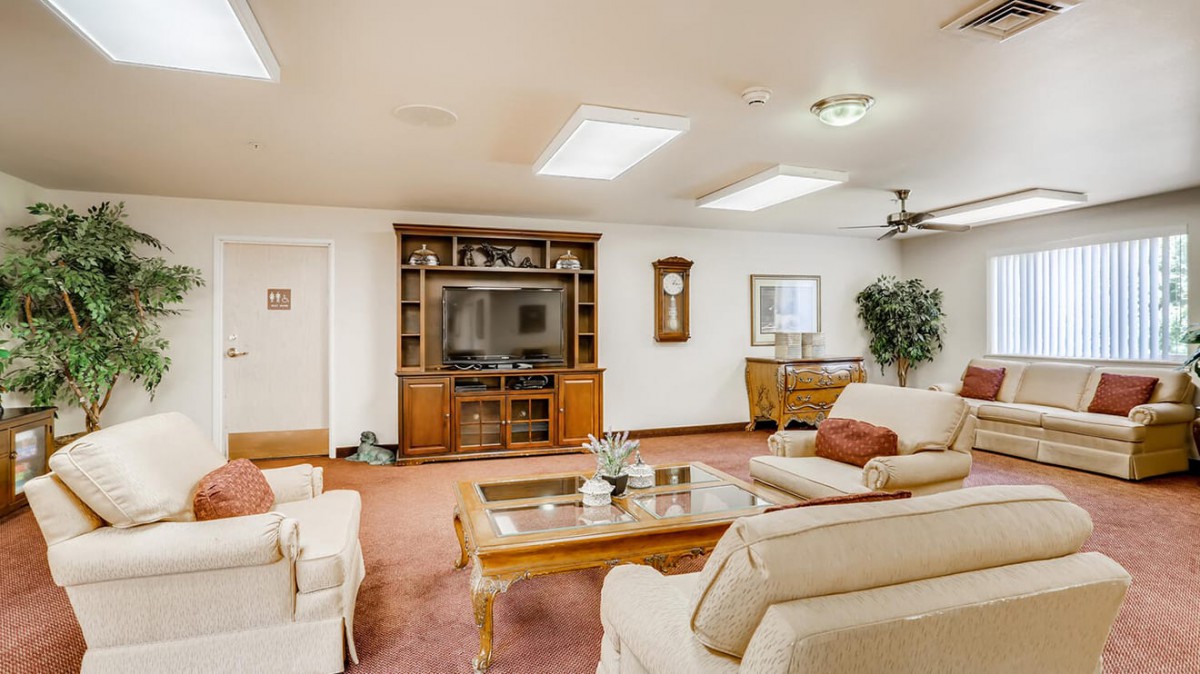 A cozy living room with a television, wooden furniture, and elegant decor.