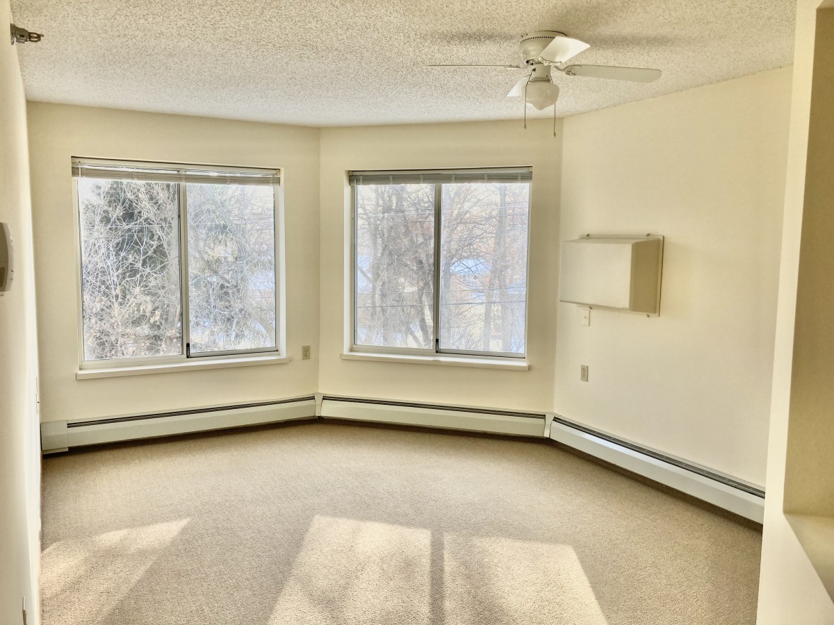 An empty room with large windows and a ceiling fan, filled with natural sunlight.