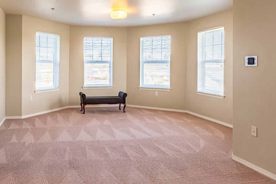 A spacious room featuring bay windows and a carpeted floor with a bench placed in front of the windows.