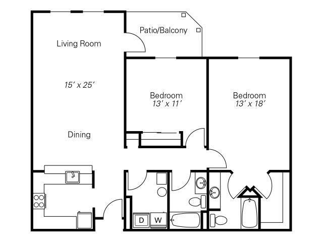 A floor plan of a two-bedroom apartment with living room, kitchen, and bathrooms.