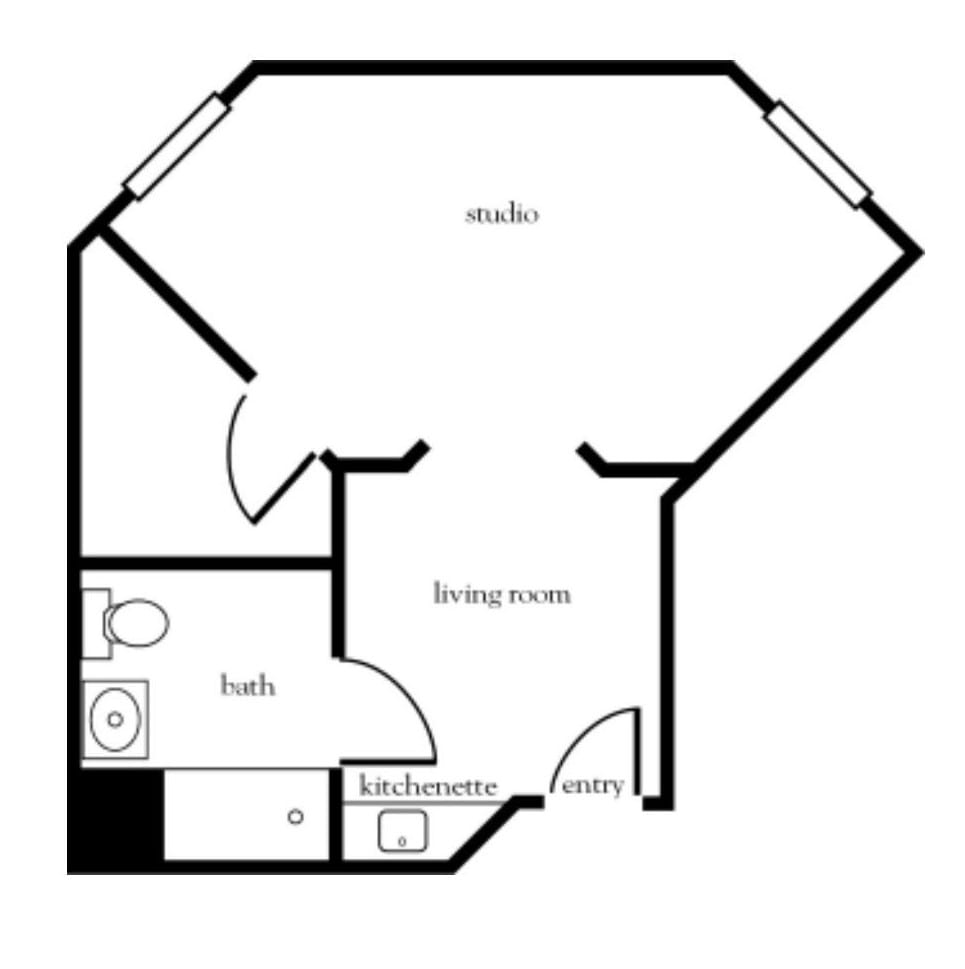 A floor plan of a studio apartment, featuring a living room, kitchen, and bathroom.