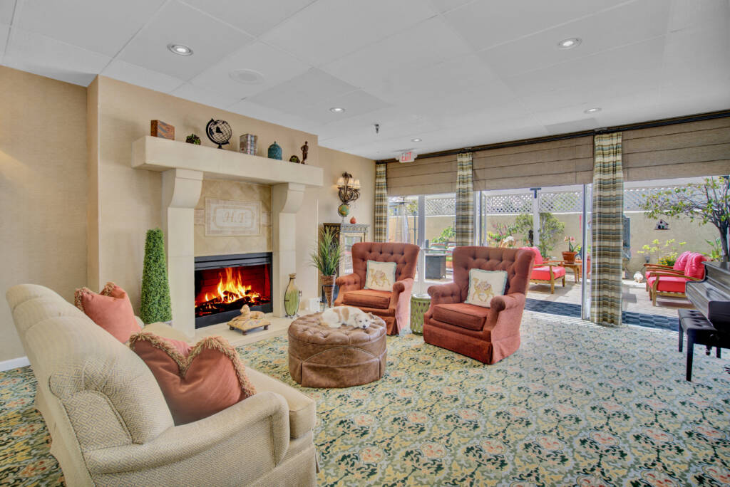 A cozy living room with a fireplace, armchairs, and plenty of natural light.