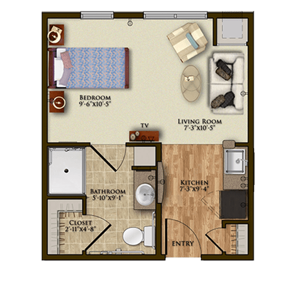 This is a one-bedroom apartment floor plan featuring a living room, kitchen, and bathroom.
