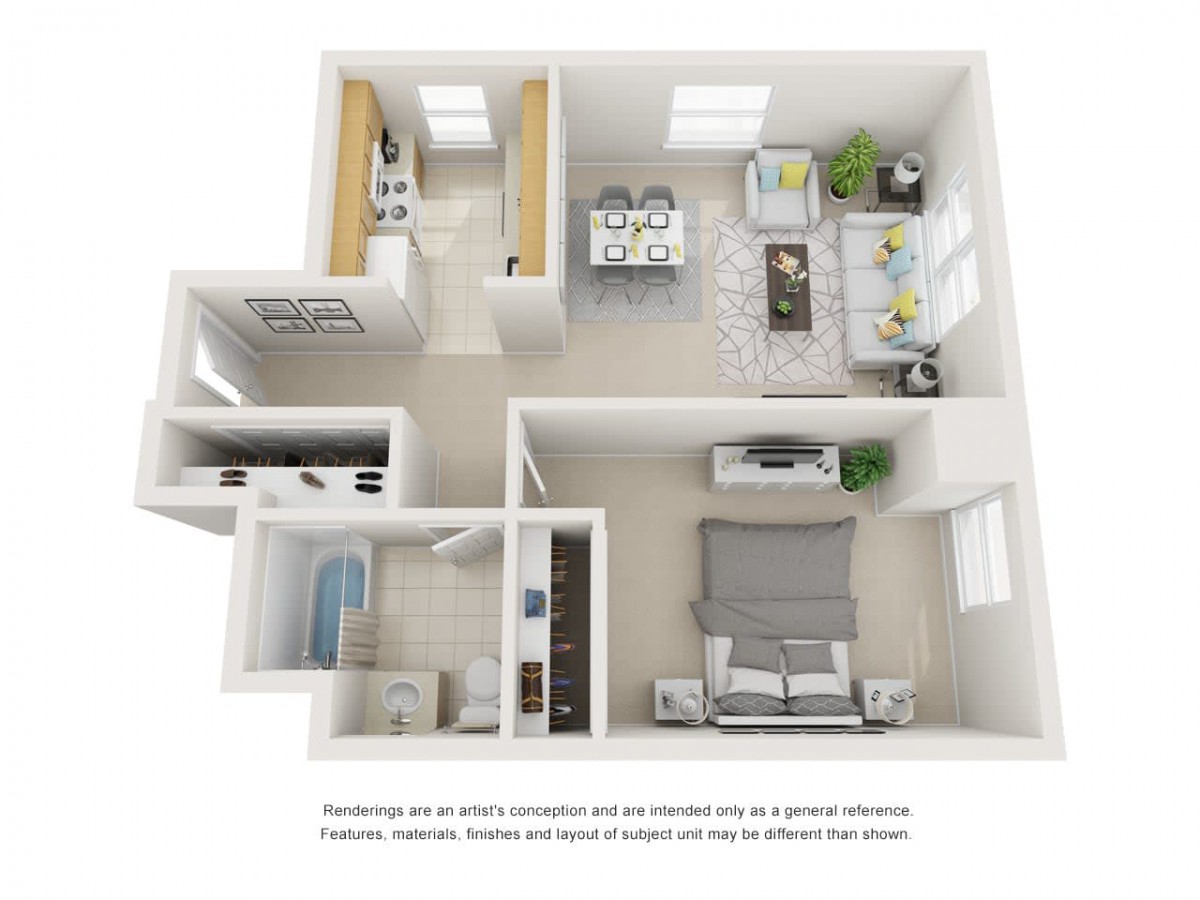 A 3D floor plan rendering of an apartment featuring a bedroom, kitchen, dining area, living room, and bathroom.