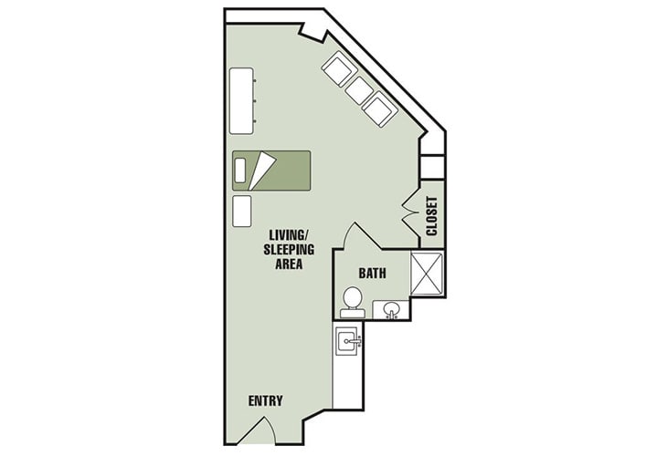 Studio apartment floor plan with a living/sleeping area, kitchen, bathroom, and closet.