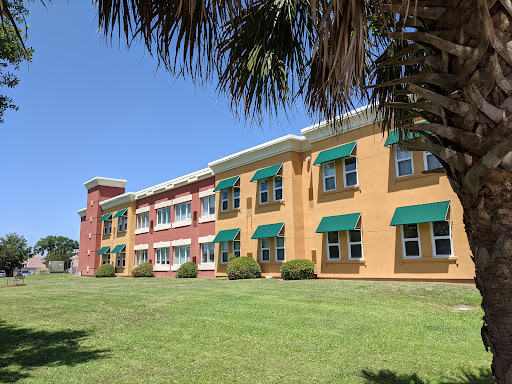 A vibrant, multi-colored building surrounded by lush grass and palm trees under a clear blue sky.
