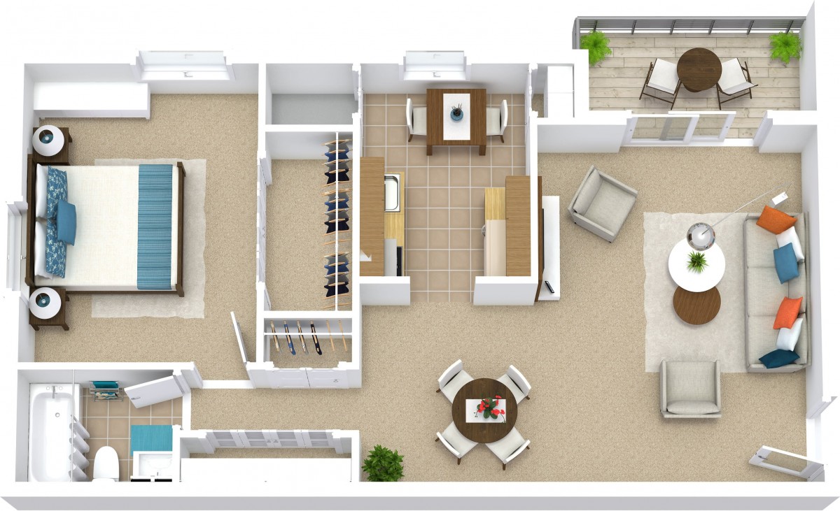 A 3D floor plan of an apartment showing a detailed layout with multiple rooms, including a bedroom, living area, dining space, kitchen, and balcony.