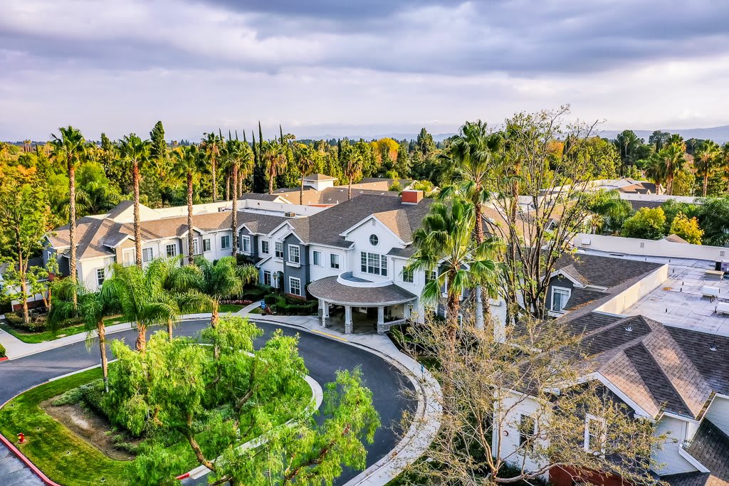 Aerial view of a luxurious mansion surrounded by lush greenery and palm trees.