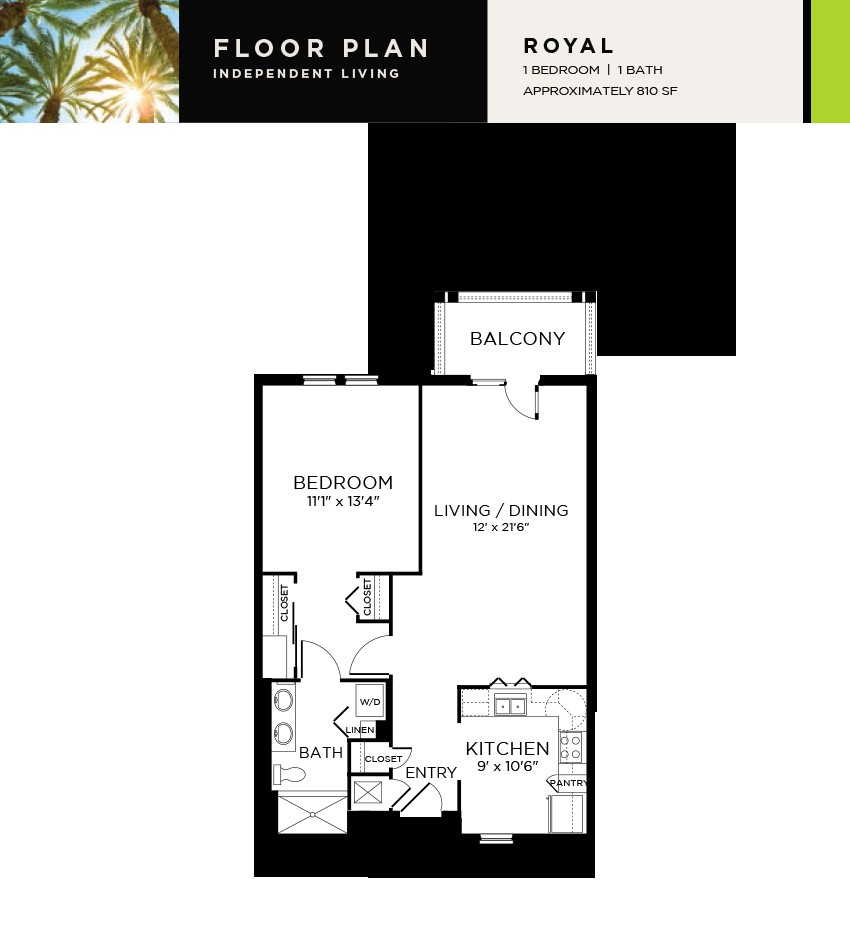 Floor plan of an apartment with one bedroom, a bathroom, kitchen, living room, and balcony.