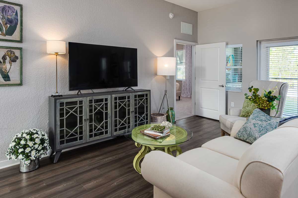 A modern living room with a large TV, comfortable sofa, and stylish decor.