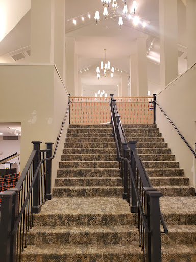 A view of elegantly designed stairs leading to a well-lit upper level.