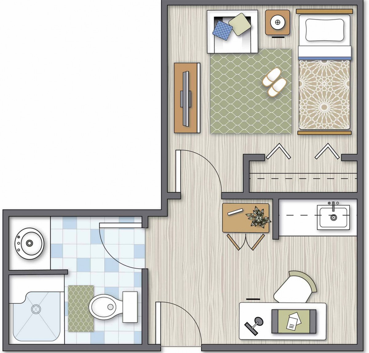 This is a floor plan of a compact one-bedroom apartment featuring a bathroom, kitchen, and living area.