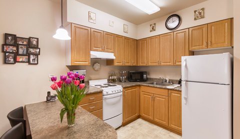 A cozy kitchen with wooden cabinets, white appliances, and vibrant tulips on the countertop.